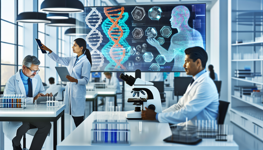 Laboratorio moderno con un equipo diverso de científicos y médicos colaborando en investigación genética. Una científica hispana examina una secuencia de ADN en una tableta, mientras un médico sudasiático señala un mapa de biomarcadores genéticos en una pantalla. El ambiente refleja innovación en medicina de precisión y el uso de IA para tratamientos personalizados.