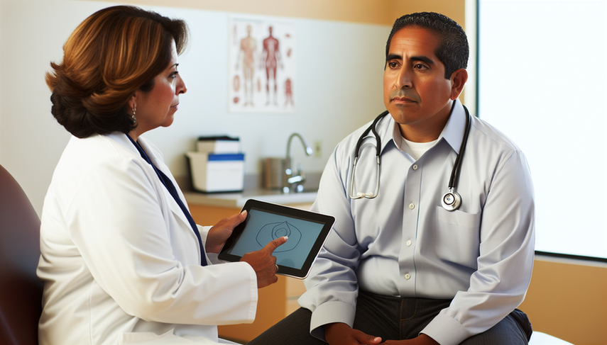 Paciente hispano de mediana edad en consulta médica, escuchando atentamente a una doctora hispana que le explica el uso de metoprolol y betabloqueantes con un diagrama del corazón en una tableta. En el escritorio hay frascos de medicamentos etiquetados como 'Metoprolol' y 'Beta-bloqueantes'. La escena refleja una relación colaborativa y de confianza entre médico y paciente.