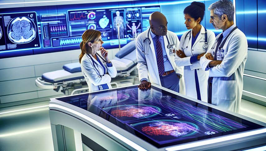 Equipo diverso de médicos y científicos de datos colaborando en un hospital moderno, centrados en una pantalla digital con visualizaciones de datos y gráficos coloridos que representan analíticas de datos de pacientes, destacando la integración de tecnología y medicina para un diagnóstico basado en evidencia.