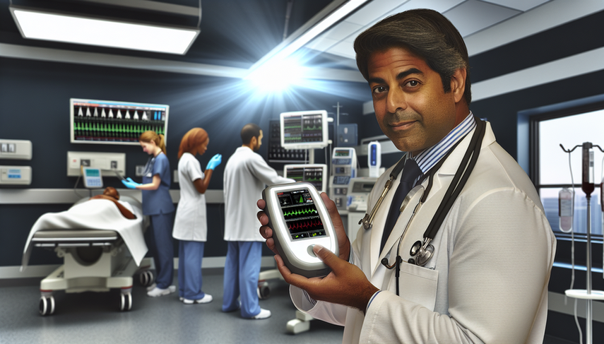 Un médico hispano de unos 40 años en una sala de urgencias moderna, sosteniendo un dispositivo portátil de análisis sanguíneo con pantalla digital que muestra gráficos y datos. Al fondo, un equipo diverso de profesionales médicos trabaja en conjunto, reflejando un ambiente de urgencia y tecnología avanzada para diagnósticos instantáneos.