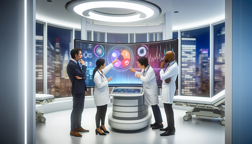 Una sala de hospital moderna con tecnología médica avanzada, donde un grupo diverso de médicos observa una pantalla digital grande que muestra datos complejos y modelos predictivos. La pantalla exhibe gráficos coloridos que simbolizan la analítica predictiva en la atención médica. Los médicos, de diferentes orígenes étnicos, están en una discusión enfocada, destacando la colaboración y la innovación en la integración de la inteligencia artificial en la medicina moderna.