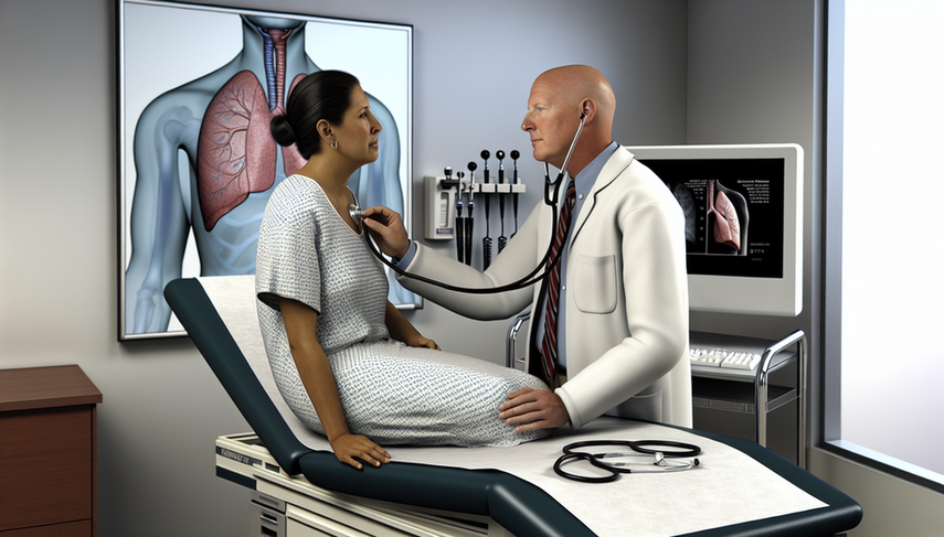 Consulta médica en una clínica moderna: un médico hispano de mediana edad escucha el pecho de una paciente hispana con un estetoscopio. En la pared, un diagrama del sistema respiratorio resalta los pulmones. En la computadora, se muestra una radiografía torácica digital. La escena subraya la importancia del diagnóstico preciso entre neumonía bacteriana y atípica.