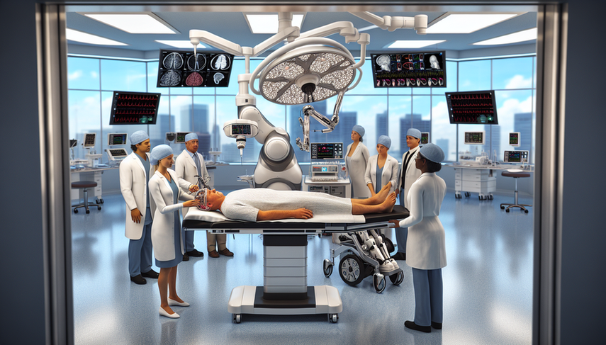Un quirófano moderno con tecnología avanzada donde un sistema quirúrgico robótico realiza una neurocirugía en un paciente hispano de mediana edad. Un equipo diverso de cirujanos observa y controla el procedimiento a través de una interfaz digital. A un lado, una mujer hispana joven utiliza un exoesqueleto, guiada por un fisioterapeuta, para ayudarla a caminar. La escena refleja innovación y esperanza en la ciencia médica.
