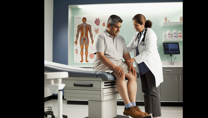 Un paciente hispano de mediana edad sentado en una camilla en un consultorio médico moderno. Una doctora caucásica examina atentamente el pie del paciente, ilustrando una evaluación clínica de neuropatía periférica. En la pared, se observa un diagrama del sistema nervioso humano.