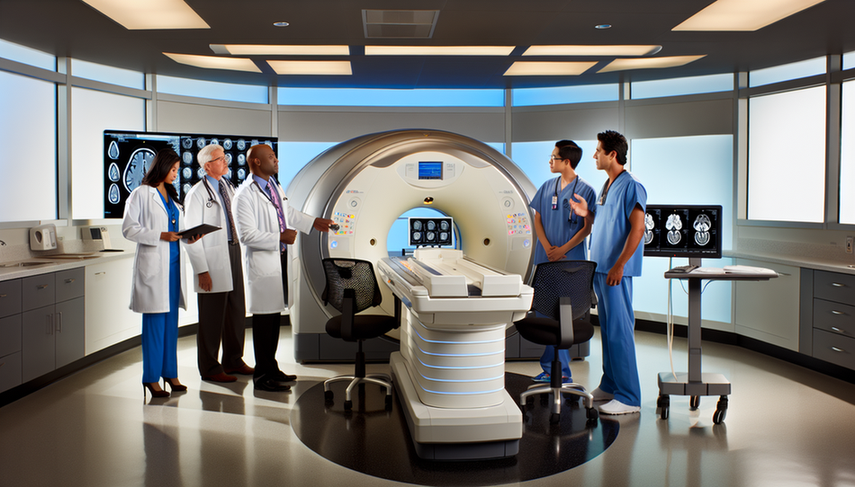 Modern medical imaging laboratory featuring advanced magnetic resonance imaging equipment at the center. A diverse group of medical professionals, including a Hispanic radiologist and an Asian technician, discuss while examining a detailed 3D image of a human brain on a digital screen. The well-lit room highlights cutting-edge technology and its diagnostic applications, showcasing the importance of medical imaging techniques such as computed tomography and Doppler ultrasound.
