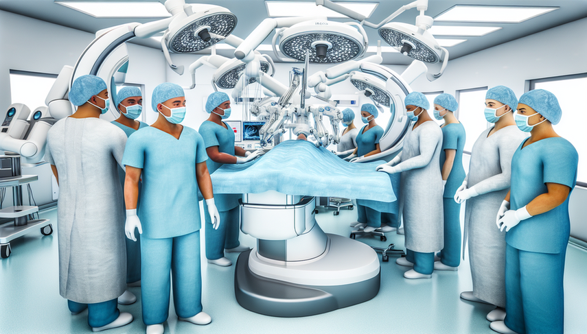 Un quirófano moderno con un equipo de cirujanos diversos, centrado en un cirujano hispano operando un sistema quirúrgico robótico, destacando la precisión y la innovación en cirugía mínimamente invasiva.