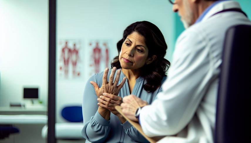 Mujer hispana de mediana edad en consultorio médico, observando sus manos con expresión pensativa, mostrando hinchazón en los nudillos, indicativa de osteoartritis. Al fondo, un médico caucásico con bata blanca sostiene un portapapeles, atento a la paciente, en un ambiente moderno y profesional.