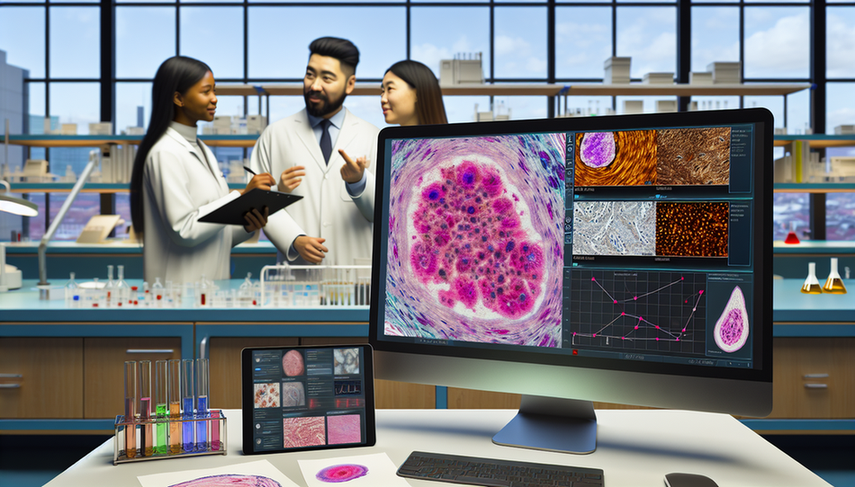 Laboratorio moderno centrado en patología digital, con un monitor mostrando una imagen microscópica de tejido en alta resolución y una tableta con interfaz de IA analizando la muestra. Un grupo diverso de patólogos discute colaborativamente, destacando el uso de tecnología avanzada en el diagnóstico histopatológico.