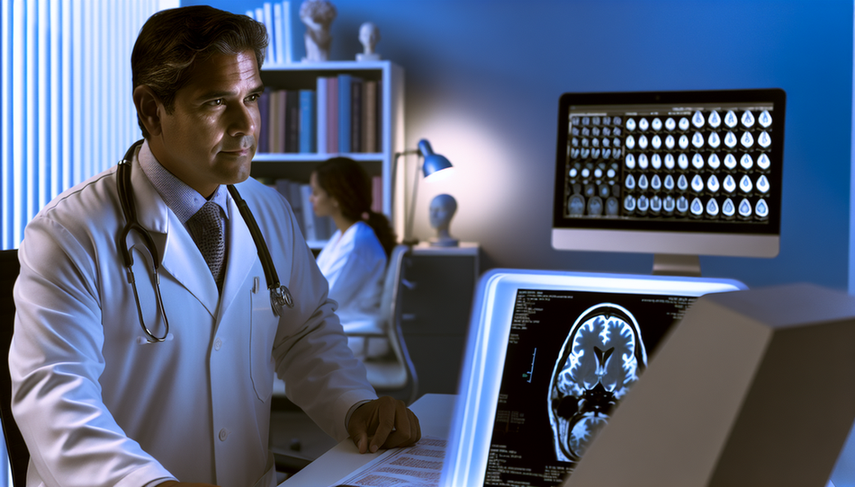 Un médico hispano de unos 40 años, con bata blanca y estetoscopio, examina atentamente una resonancia magnética de sustancia blanca que muestra áreas de desmielinización, sugiriendo un diagnóstico de Pelizaeus-Merzbacher. Al fondo, una médica hispana en sus 30s revisa datos genéticos, destacando la importancia del diagnóstico temprano y la diferenciación de otras leucodistrofias.