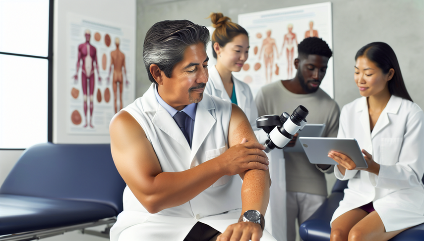 Un grupo diverso de dermatólogos en una clínica moderna. Un dermatólogo hispano de mediana edad examina el brazo de una paciente joven con un dermatoscopio, observando una erupción cutánea leve. Al fondo, dos dermatólogos, uno asiático y otro negro, revisan imágenes de lesiones cutáneas en una tableta digital. El ambiente es profesional y acogedor, destacando la colaboración y la experiencia en dermatología.