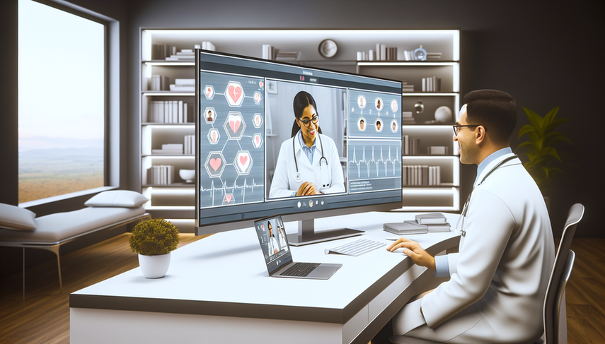 Consultorio médico moderno con un doctor hispano de 40 años observando una pantalla que muestra una plataforma de telemedicina con análisis impulsados por IA, como ritmo cardíaco y presión arterial. En su laptop, realiza una videollamada con una paciente hispana de mediana edad. El entorno refleja tecnología avanzada y eficiencia en la atención virtual.