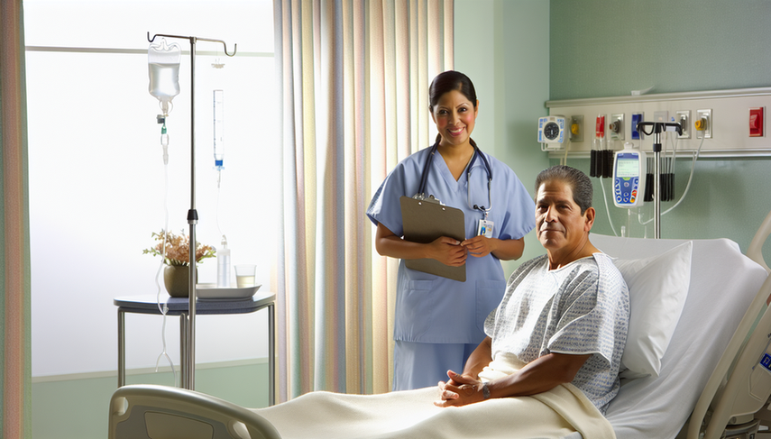 Habitación de hospital bien iluminada con un paciente hispano de unos 60 años sentado en la cama, rodeado de equipo médico. Una enfermera hispana en sus 30 años, con uniforme y estetoscopio, le explica algo al paciente con una sonrisa tranquilizadora. La atmósfera refleja profesionalismo y cuidado en el contexto de preparación para cirugías de alto riesgo.