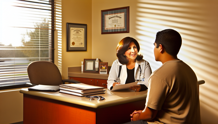 Consultorio médico acogedor con una doctora hispana de mediana edad escuchando atentamente a un paciente joven hispano. El paciente sostiene un papel, posiblemente un plan de tratamiento. La oficina está iluminada naturalmente, con libros médicos y un estetoscopio en el escritorio. En la pared, hay un certificado enmarcado y un póster sobre vida saludable, destacando la comunicación y confianza en la relación terapéutica.