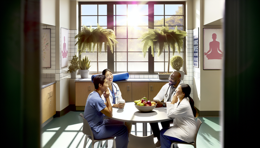 Sala de descanso hospitalaria con médicos de diversas etnias conversando relajadamente alrededor de una mesa redonda. Se observan tazas de café y un cuenco de frutas, mientras un médico sostiene una esterilla de yoga, sugiriendo una pausa para actividad física. El ambiente es luminoso y acogedor, destacando el trabajo en equipo y el bienestar.