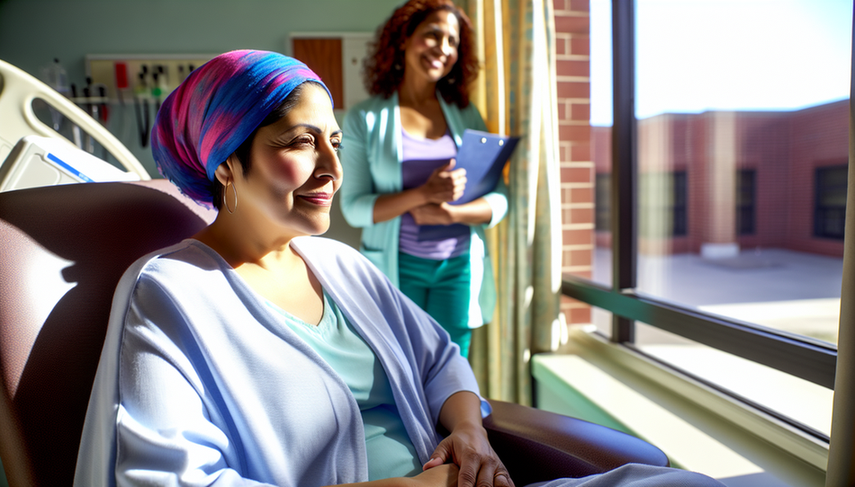 Una mujer hispana de mediana edad, con un pañuelo colorido en la cabeza, está sentada junto a una ventana en un entorno hospitalario, mirando hacia afuera con una expresión de esperanza. La luz del sol ilumina suavemente su rostro. Detrás de ella, una doctora hispana sonríe de manera tranquilizadora mientras sostiene un historial médico. La escena transmite calidez, apoyo y optimismo.