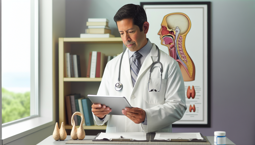 A middle-aged Hispanic physician in a white coat and stethoscope carefully reviews a medical record on a tablet in an office. In the background, an anatomical diagram of the human neck highlights the parathyroid glands. On the desk, there are medical books and a model of the thyroid and parathyroid glands, creating an atmosphere of expertise and care, relevant to parathyroid cancer prognosis and life expectancy in parathyroid carcinoma.