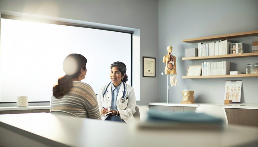 Consulta médica con doctora hispana en bata blanca y estetoscopio, dialogando con paciente hispana sobre salud ginecológica. En el escritorio, modelos anatómicos y gráficos médicos sugieren discusión sobre cáncer de vulva. Ambiente profesional y acogedor con iluminación natural.