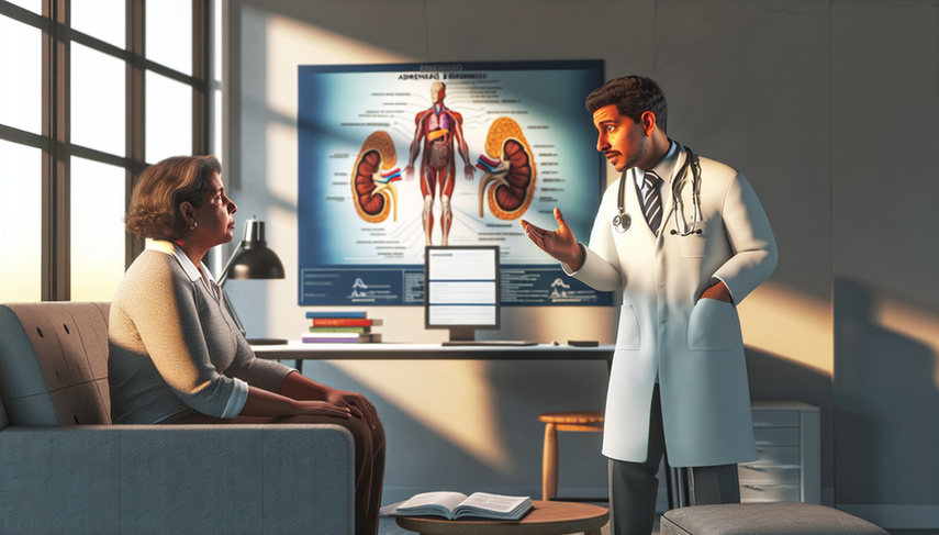 Un médico hispano de mediana edad, con bata blanca y estetoscopio, explica un diagnóstico a una paciente hispana en sus 40 años, señalando un gráfico anatómico del sistema endocrino, destacando las glándulas suprarrenales. La paciente escucha atentamente en una consulta médica bien iluminada, simbolizando una relación médico-paciente de apoyo.