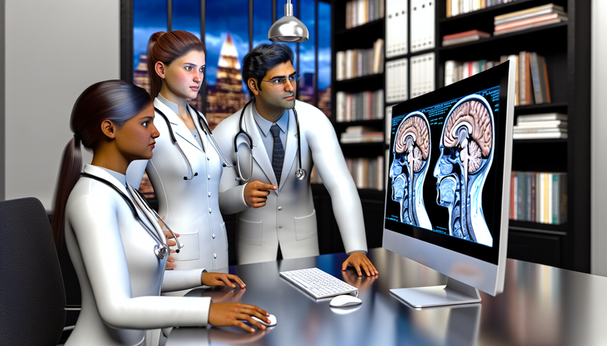 Fotografía de un laboratorio de investigación médica con tres doctores hispanos discutiendo frente a una pantalla digital que muestra un modelo 3D del cerebro humano, destacando el sistema nervioso central. La imagen refleja un ambiente profesional y científico, relacionado con el estudio del ependimoma y sus factores pronósticos.