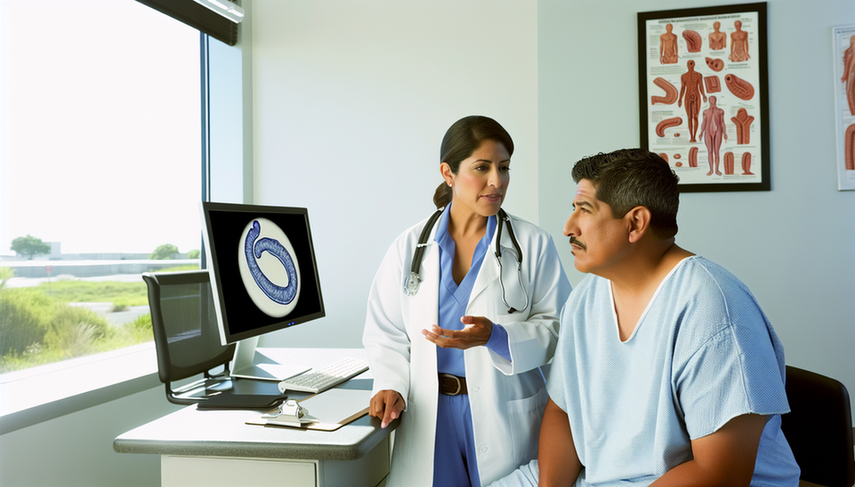 Un hombre hispano de mediana edad en una consulta médica moderna, vistiendo una bata de hospital azul claro, escucha atentamente a una doctora hispana que le explica el pronóstico del cáncer de esófago, señalando un diagrama en una pantalla. La atmósfera es profesional y esperanzadora.