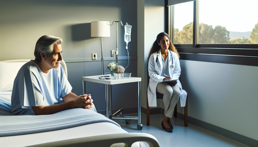 Un paciente hispano de mediana edad con expresión reflexiva se sienta en una cama de hospital, mirando por una gran ventana que deja entrar luz natural. A su lado, una doctora hispana con bata blanca sostiene un portapapeles y sonríe con amabilidad, transmitiendo apoyo y tranquilidad. La escena refleja un ambiente de calma y esperanza en el contexto del pronóstico y la esperanza de vida en el carcinoma de células renales.