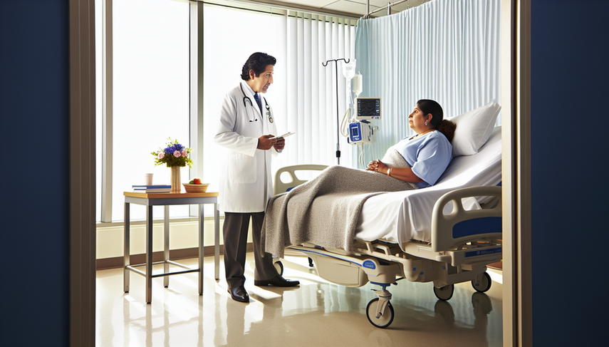 Un médico hispano de mediana edad, con bata blanca y estetoscopio, explica con calma a una paciente hispana en una habitación de hospital iluminada naturalmente. La paciente, sentada en la cama, escucha con atención y esperanza. La escena transmite un ambiente de cuidado y optimismo, relevante para el tema del pronóstico y esperanza de vida en linfoma no Hodgkin.
