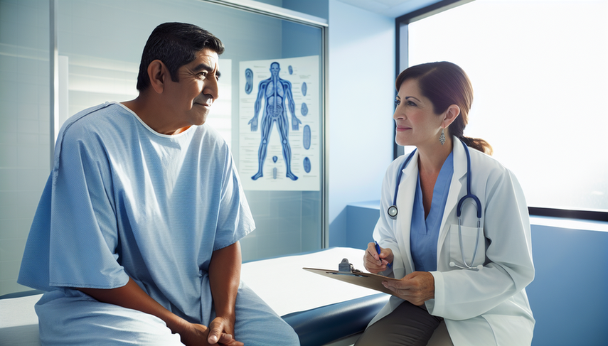 A middle-aged Hispanic man in a light blue hospital gown attentively listens to a Hispanic female doctor in her modern, clean office. The doctor, with a friendly expression, holds a clipboard while explaining important information about mesothelioma prognosis and life expectancy. The professional and compassionate environment is enhanced by a diagram of the human respiratory system on the wall, highlighting the significance of understanding pleural tumor survival and mesothelioma prognostic factors.