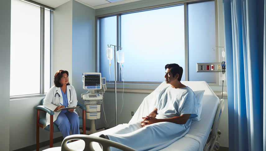 Un paciente hispano de mediana edad, sentado en el borde de una cama de hospital, mira por una ventana con expresión de determinación tranquila. Una doctora hispana, con bata blanca, está a su lado explicándole algo con calidez. La escena refleja la relación médico-paciente en el contexto del pronóstico y la expectativa de vida en el mieloma múltiple.
