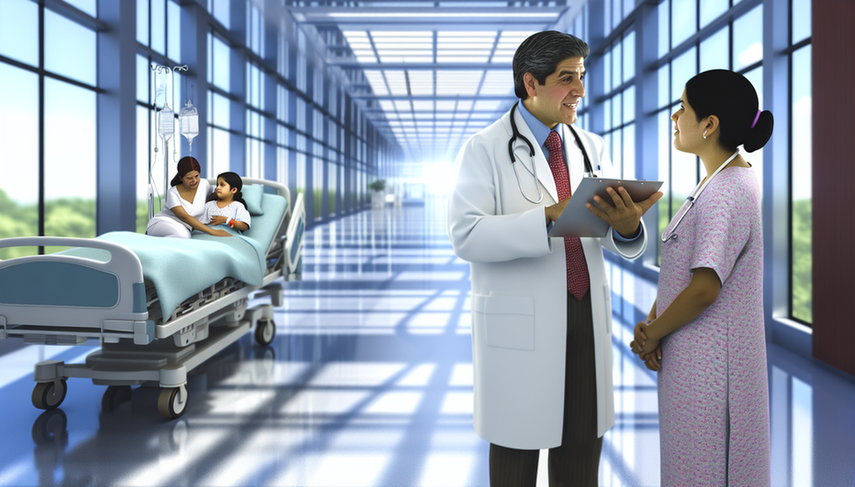 Un grupo diverso de profesionales de la salud en un hospital moderno. En primer plano, un médico hispano de unos 40 años explica un gráfico médico a una doctora hispana de unos 30 años. Al fondo, una paciente pediátrica hispana sonríe desde su cama de hospital, acompañada por un familiar. La imagen transmite un ambiente de esperanza y colaboración en el tratamiento del rabdomiosarcoma.