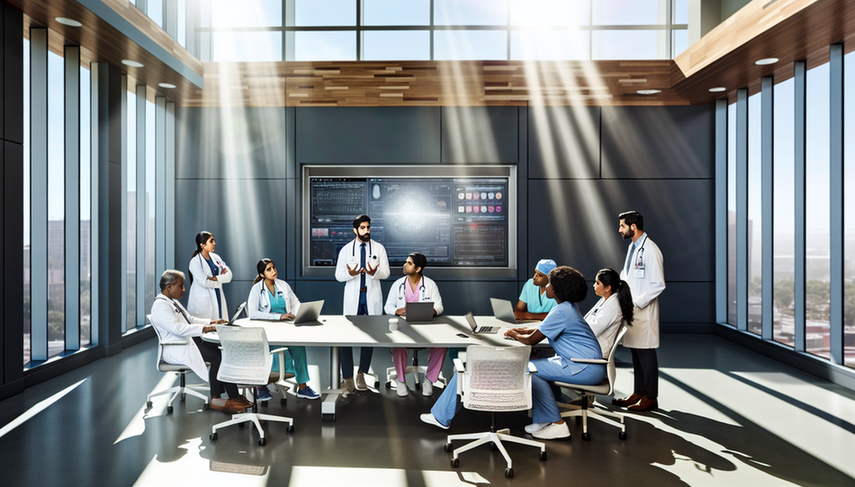 Un grupo diverso de profesionales de la salud, incluidos médicos y enfermeras, se reúne alrededor de una mesa de conferencias en un hospital moderno. Están en una discusión colaborativa con gráficos en una pantalla digital al fondo. La sala está bien iluminada con luz natural. En la mesa hay laptops y tabletas, reflejando un enfoque en datos y tecnología, simbolizando proyectos de mejora de calidad en la práctica clínica.