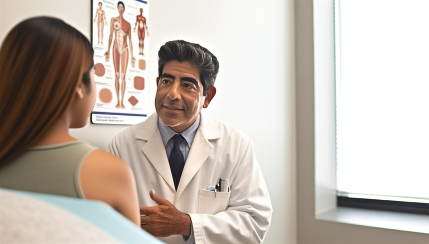 Un dermatólogo hispano de mediana edad examina la piel de una paciente joven hispana en una consulta médica. La paciente presenta placas eritematoescamosas en el brazo, características de psoriasis, y áreas inflamadas con pequeñas ampollas, indicativas de eczema. El ambiente es profesional y acogedor, destacando la importancia del diagnóstico preciso en dermatología.