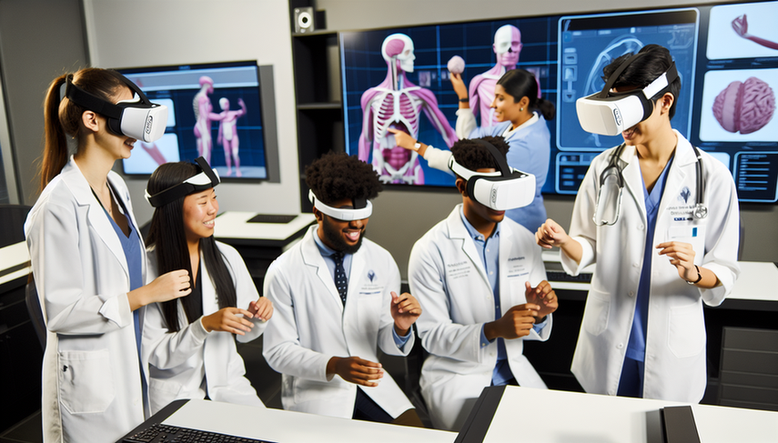 Estudiantes de medicina diversos, con batas blancas y visores de realidad virtual, participan en una simulación clínica en un aula moderna. Una instructora guía la actividad, señalando un modelo 3D de un cuerpo humano en una pantalla digital. El entorno está equipado con tecnología avanzada, promoviendo un aprendizaje colaborativo y enfocado.