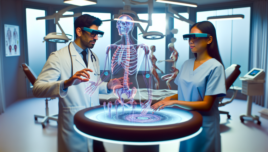 Un grupo diverso de profesionales médicos en una sala de hospital moderna, utilizando gafas inteligentes y una pantalla holográfica de un cuerpo humano. La tecnología de realidad aumentada se destaca, mostrando estructuras anatómicas en colores vibrantes. El entorno es limpio y organizado, simbolizando innovación en la formación médica y la atención al paciente.