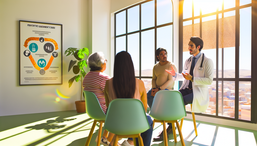 Clínica médica luminosa en España con un médico español en bata blanca conversando con un grupo diverso de pacientes. El médico señala un cartel con consejos de salud preventiva, como alimentación saludable y ejercicio regular. La escena transmite confianza y gestión proactiva de la salud.
