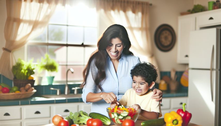 Una madre hispana y su hijo pequeño preparan una ensalada colorida en una cocina luminosa, rodeados de vegetales frescos. La escena resalta la importancia de hábitos alimenticios saludables para el crecimiento pediátrico.