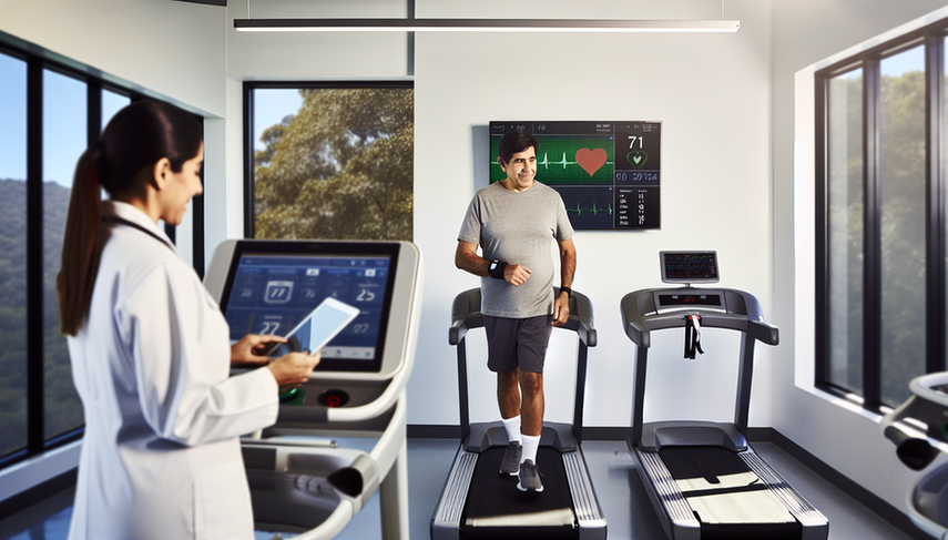 Un hombre hispano de mediana edad camina en una cinta de correr en una clínica de rehabilitación cardíaca moderna, mientras una doctora hispana observa los datos de salud en una pantalla digital. El hombre lleva un dispositivo en la muñeca que monitorea su frecuencia cardíaca, y la doctora sostiene una tableta, destacando el uso de tecnología avanzada para el seguimiento personalizado y la mejora de resultados clínicos en la rehabilitación cardíaca.
