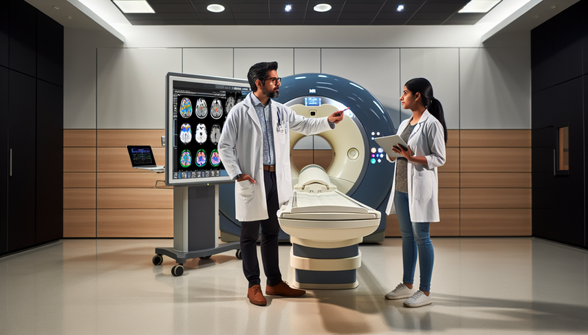 Sala de radiología moderna con una máquina de resonancia magnética avanzada. Un radiólogo hispano, con bata blanca y gafas, señala una pantalla que muestra una imagen de resonancia magnética cerebral con superposiciones de segmentación. A su lado, una colega sostiene una tableta con datos de algoritmos de IA. Ambos discuten concentrados, reflejando el uso de tecnología avanzada en el diagnóstico médico.