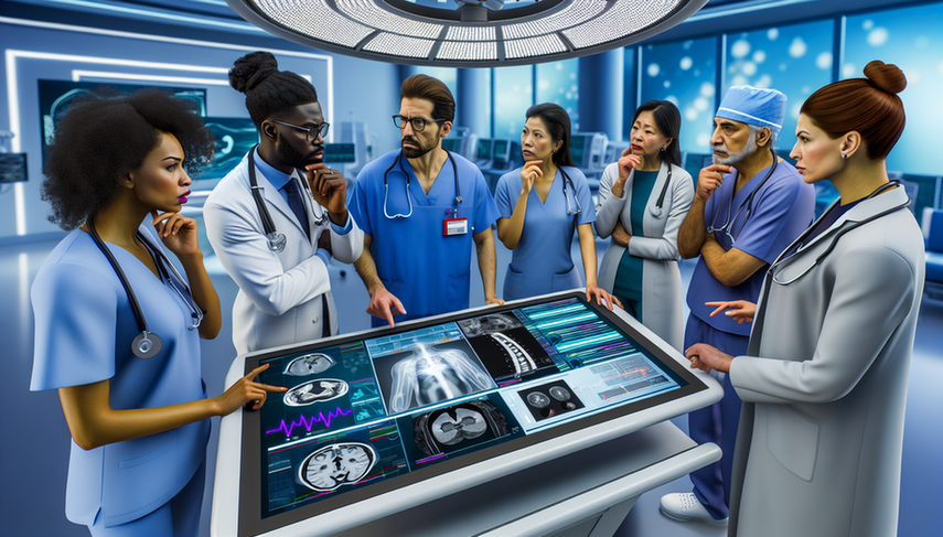 Un grupo diverso de médicos discute frente a una pantalla digital en un hospital moderno, analizando un algoritmo diagnóstico con un posible error resaltado. La escena refleja un entorno de alta tecnología y colaboración, destacando la responsabilidad legal y el uso de IA en medicina.