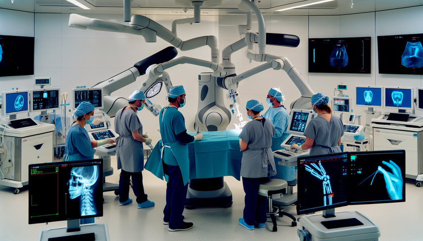 Un quirófano de última generación en un hospital de España, donde un brazo robótico avanzado realiza una cirugía delicada bajo la supervisión de un equipo diverso de cirujanos y técnicos. Los profesionales, vestidos con atuendos quirúrgicos modernos, monitorean pantallas digitales que muestran datos en tiempo real y visualizaciones 3D del procedimiento, destacando la integración de la inteligencia artificial y la automatización en la cirugía moderna.