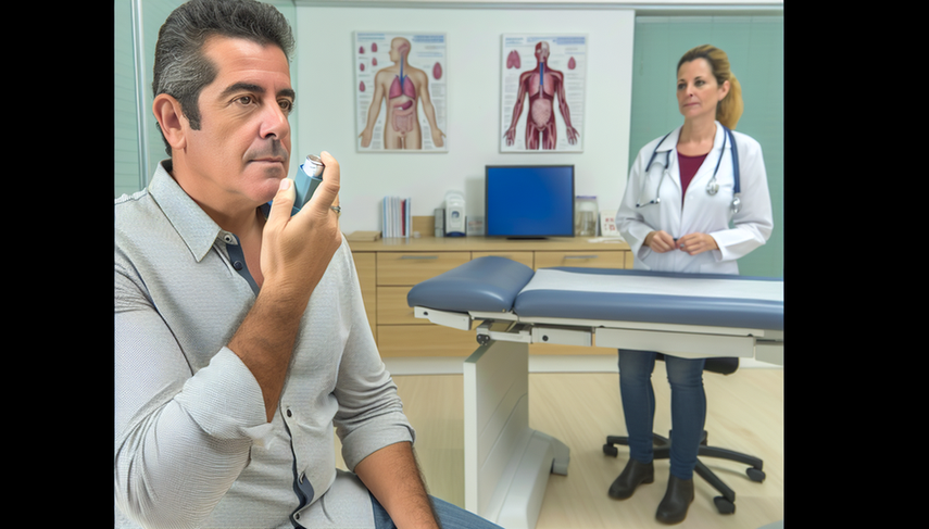 Paciente hispano de mediana edad en consultorio médico sosteniendo un inhalador, con expresión pensativa. Al fondo, doctora hispana con bata blanca y estetoscopio, junto a un gráfico médico. Ambiente profesional y moderno.