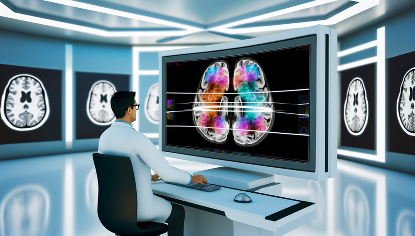 Radiología moderna con pantalla de computadora mostrando segmentación 3D del cerebro en colores vibrantes, destacando el uso de IA en la segmentación de imágenes. Un radiólogo hispano analiza la imagen en un entorno digital avanzado.