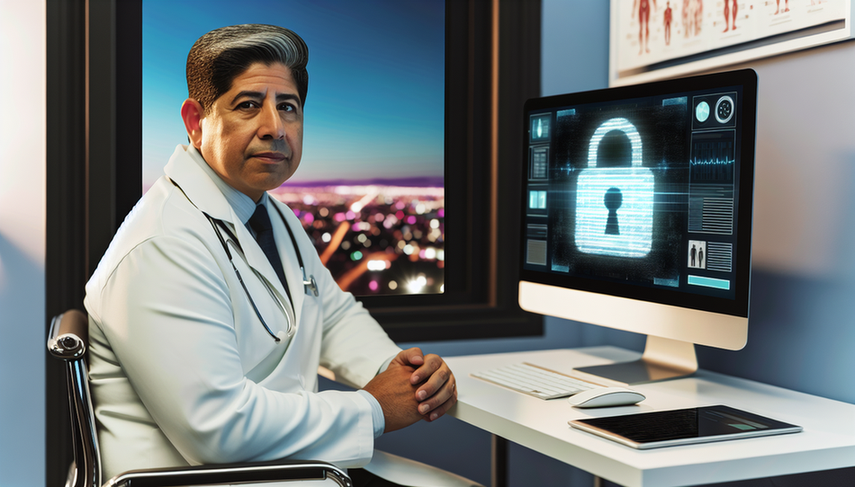Oficina médica moderna centrada en la seguridad de datos, con un médico hispano de unos 40 años observando una pantalla de computadora con un símbolo de candado digital. En el fondo, una enfermera hispana organiza archivos en un gabinete etiquetado como 'Confidencial'. La imagen destaca la importancia de proteger la información sanitaria y la confidencialidad médica.