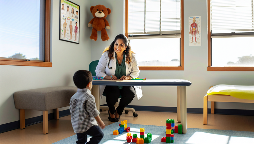 Welcoming pediatric office with natural light. A Hispanic pediatrician attentively observes a young child playing with building blocks, while his mother smiles at him. The environment reflects care and early childhood development, ideal for identifying warning signs of developmental disorders and promoting early intervention in pediatric diagnosis.