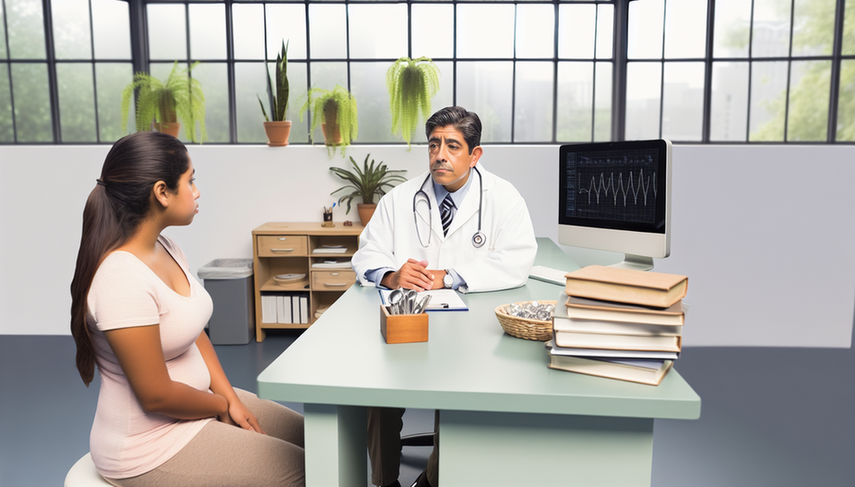 Un médico hispano de mediana edad, con bata blanca y estetoscopio, explica atentamente a una joven paciente hispana en una oficina médica bien iluminada. En el escritorio hay libros médicos y una computadora con un gráfico, simbolizando la discusión sobre sertralina y sus efectos secundarios. La atmósfera es profesional y de confianza.