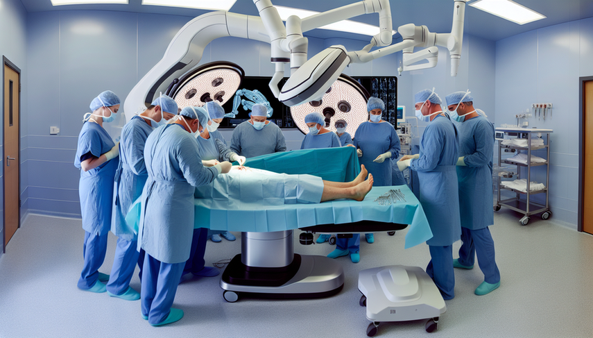 Un brazo robótico realiza una sutura en un paciente en una sala de operaciones moderna, rodeado por un equipo de cirujanos y enfermeras que observan atentamente. La pantalla digital muestra el procedimiento en tiempo real, destacando la precisión y eficiencia del sistema automatizado.