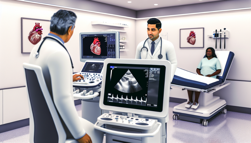 Sala de examen médico moderna con tecnología avanzada. En el centro, una máquina de ultrasonido de última generación muestra una imagen detallada de un órgano. A la izquierda, un médico de ascendencia hispana examina atentamente la pantalla. A la derecha, un paciente hispano observa con interés. El ambiente es profesional y destaca la integración de tecnología en la práctica clínica.