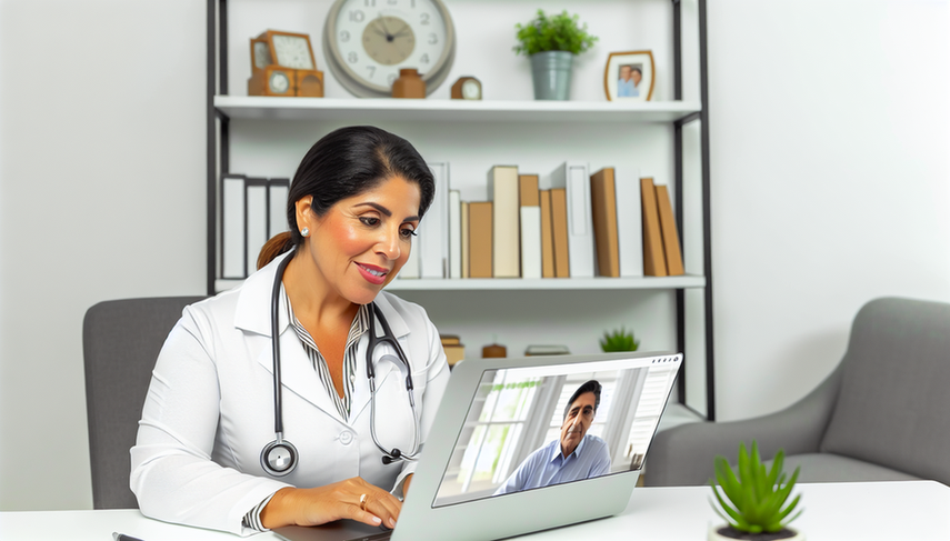 Doctora hispana de mediana edad en consulta virtual desde su oficina en casa, usando una bata blanca y un estetoscopio, interactuando con un paciente hispano en la pantalla de su laptop. El entorno refleja profesionalismo y calidez, destacando el concepto de telemedicina y seguimiento remoto.