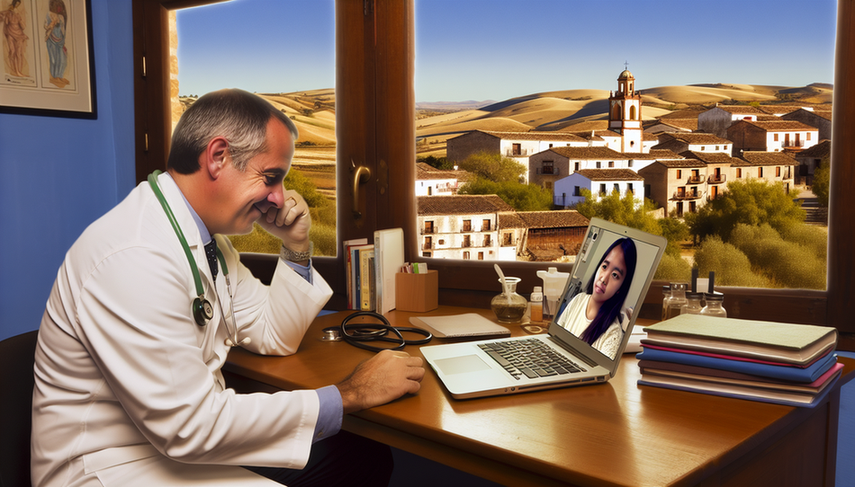 Un médico de mediana edad con bata blanca, sonriendo, realiza una videollamada desde un entorno rural en el campo español. En la pantalla de su portátil, se ve a una joven paciente de una zona rural. El consultorio está iluminado naturalmente, con libros médicos y un estetoscopio en el escritorio, y una ventana al fondo muestra colinas y un pueblo con arquitectura tradicional española. La imagen refleja el uso de la telemedicina para conectar a pacientes rurales con atención médica.