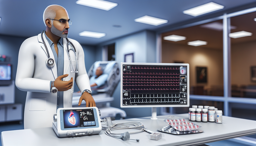 Fotografía de un cardiólogo hispano en sus 40s, examinando un monitor digital de ECG en un entorno hospitalario moderno. En la mesa cercana, se observan medicamentos antiarrítmicos y un dispositivo de desfibrilador cardioversor implantable (DAI), destacando el tratamiento avanzado de arritmias cardíacas.