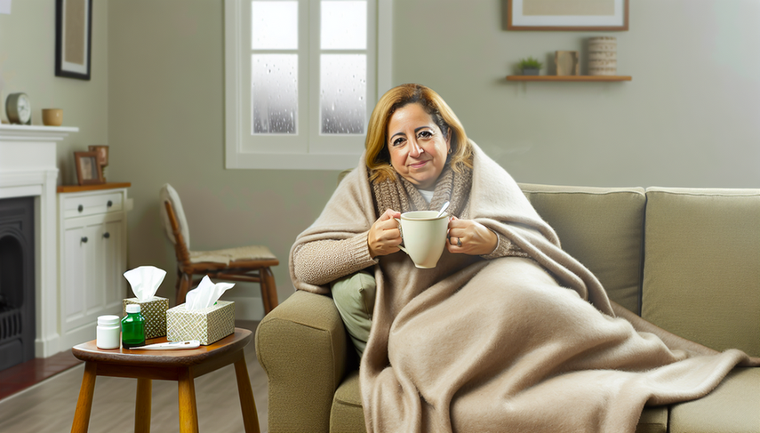 Mujer hispana de mediana edad sentada en un sofá, envuelta en una manta, sosteniendo una taza de té de hierbas. A su lado, una mesa con pañuelos, un termómetro y jarabe para la tos, en un ambiente acogedor que sugiere el cuidado y descanso necesarios para el tratamiento de la bronquitis aguda.